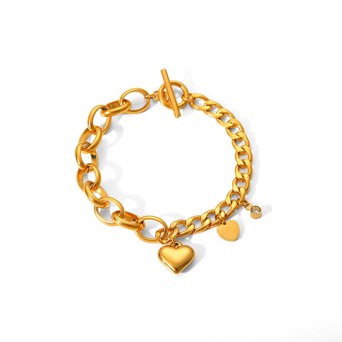 Fashionable Cuban Chain Oval Chain Zircon Heart Pendant OT Buckle Bracelet 18K Gold-plated Stainless Steel Bracelet