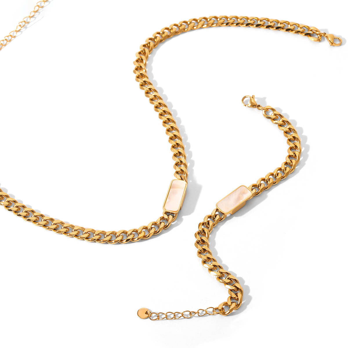 18K Gold Stainless Steel Cuban Chain Square White Shell Pendant Necklace Women's Titanium Steel Bracelet