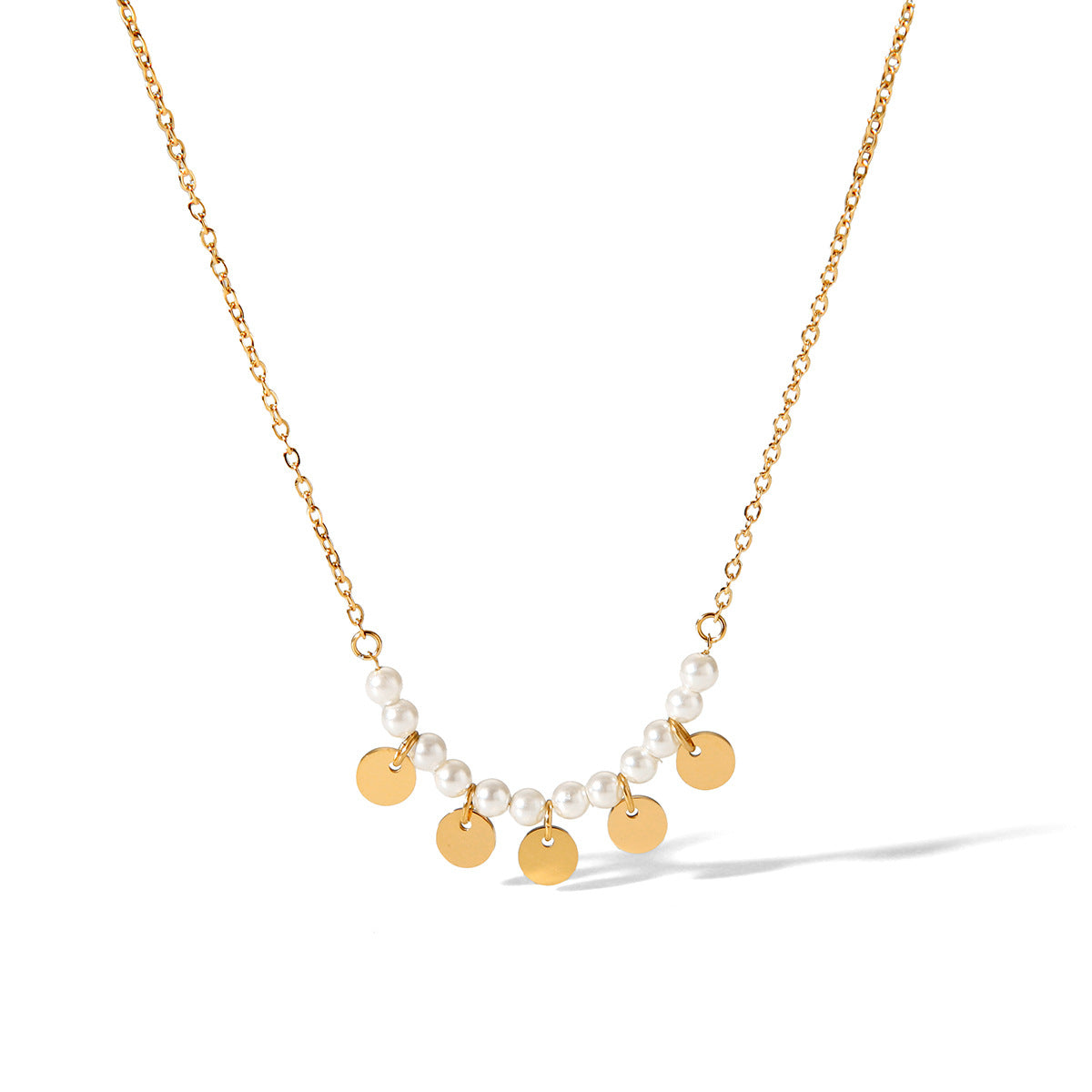 Women's Stainless Steel French-style Light Luxury Pearl Necklace with 18k Gold Round Pendant and Necklace Accessory