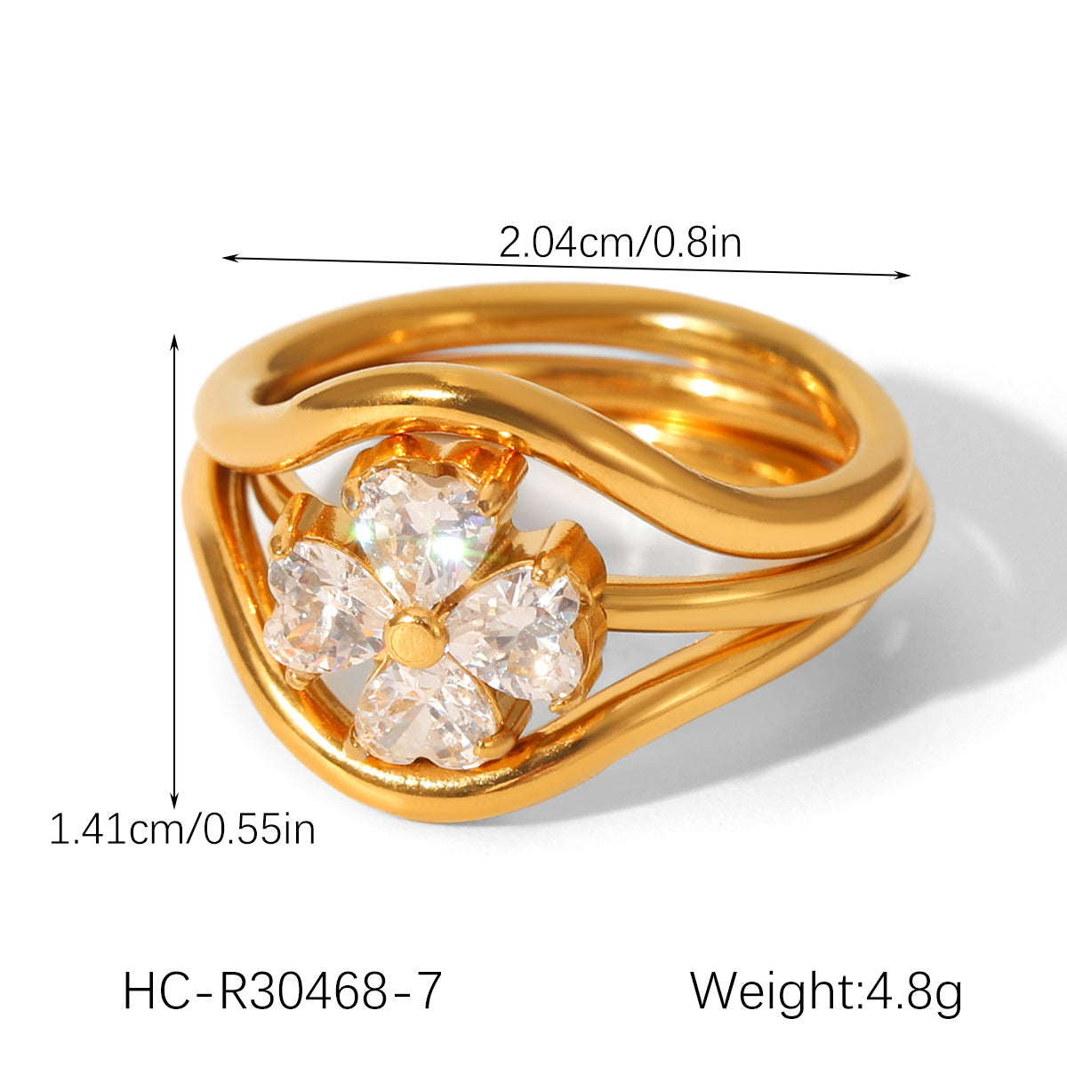 18K Gold-plated Stainless Steel Bowknot Flower-shaped Open Ring Set, Ins-style Zircon Ring for Women, Non-fading