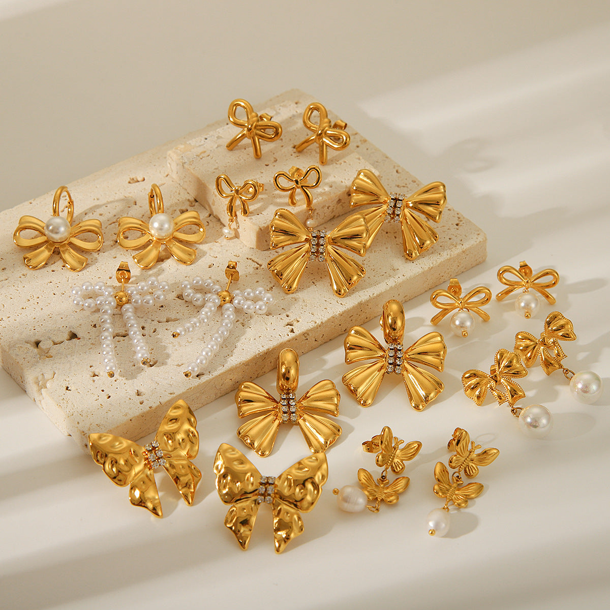 INS-style Titanium Steel Bowknot Earrings, 18K Gold Stainless Steel Butterfly Pearl Earrings, High-end Ear Jewelry