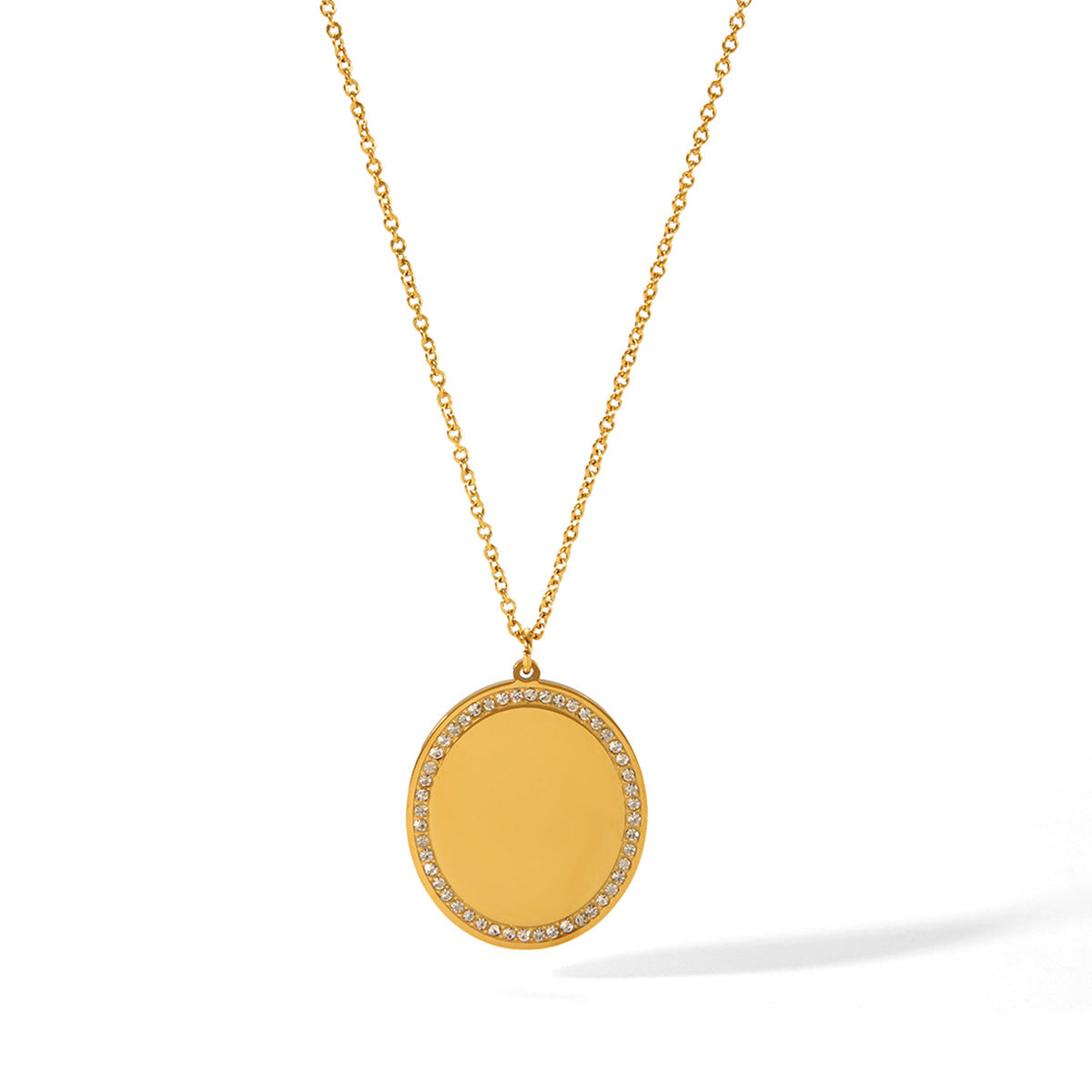 18k Gold Stainless Steel Necklace Oval Glossy Pendant Diamond Necklace Titanium Steel Necklace