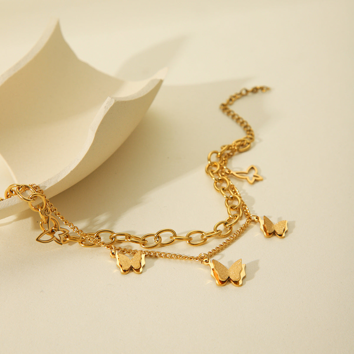 Fashion 18k Gold Stainless Steel Double-layer Layered Bracelet for Women, Non Fading Butterfly Pendant Titanium Steel Bracelet