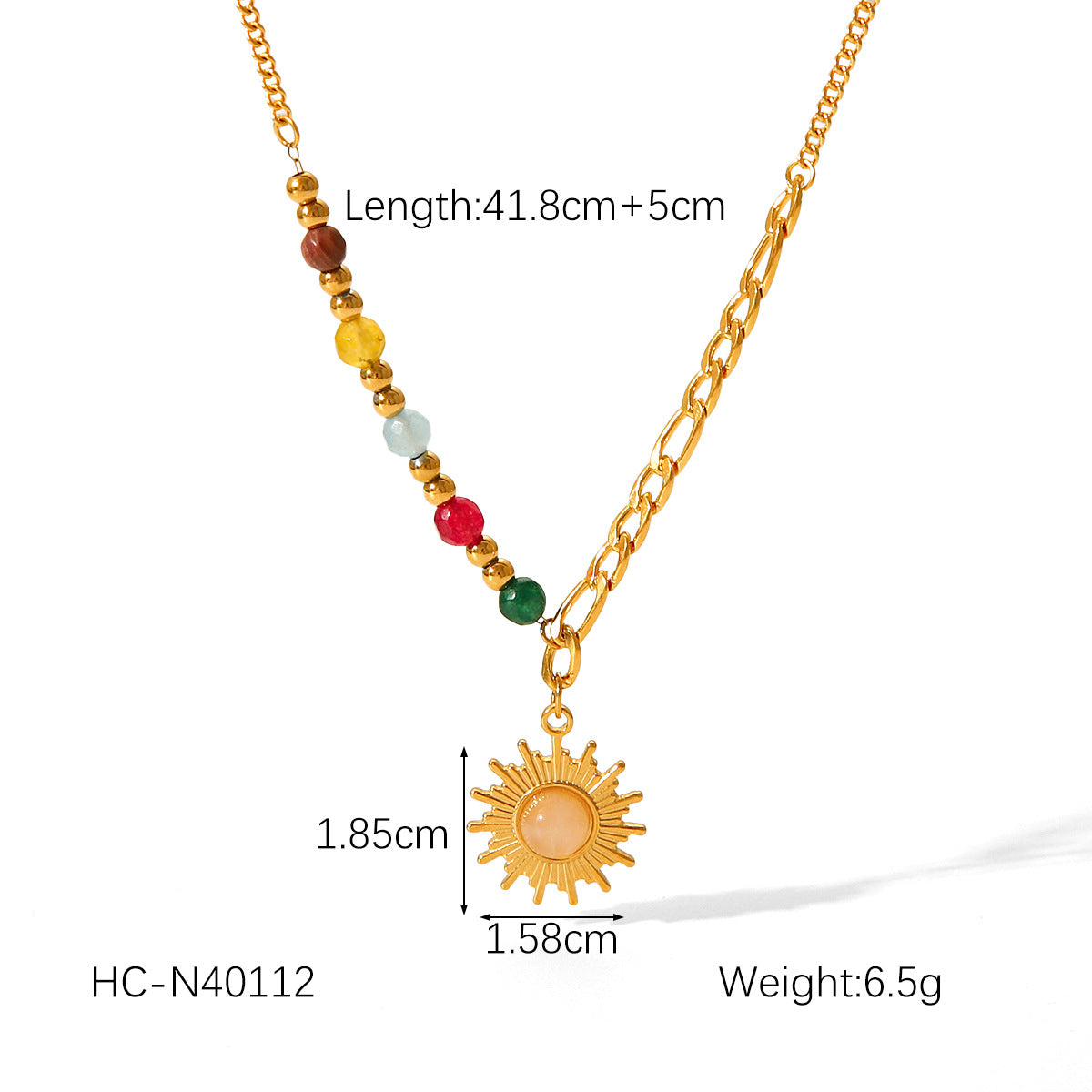 New Natural Stone Bead Titanium Steel Necklace, 18K Gold-plated Stainless Steel Sun Star Pendant Necklace for Women