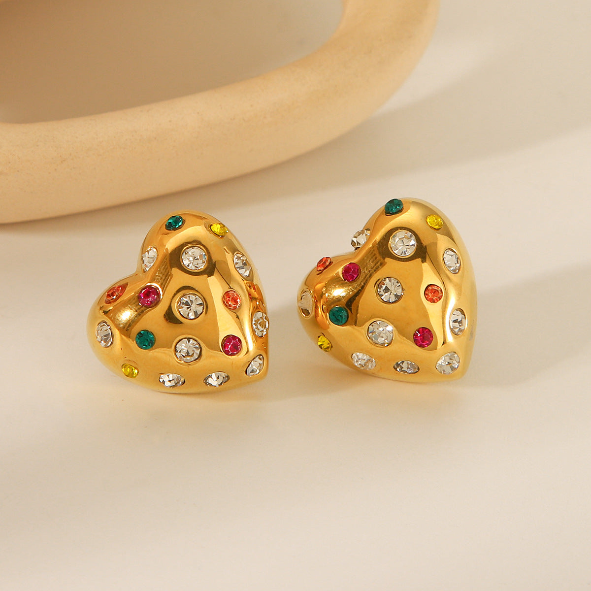 18K Gold Stainless Steel Heart-shaped Earrings for Women, Featuring A Premium Feel, Chubby Design, Titanium Steel Earrings Studs, and Colored Diamond Earrings