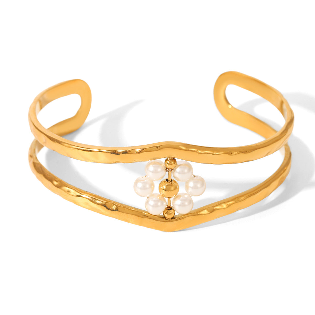 Stainless Steel Hollow-out Pearl Bracelet, High-end Flower-shaped Opening Bracelet, Elegant Titanium Steel Bracelet