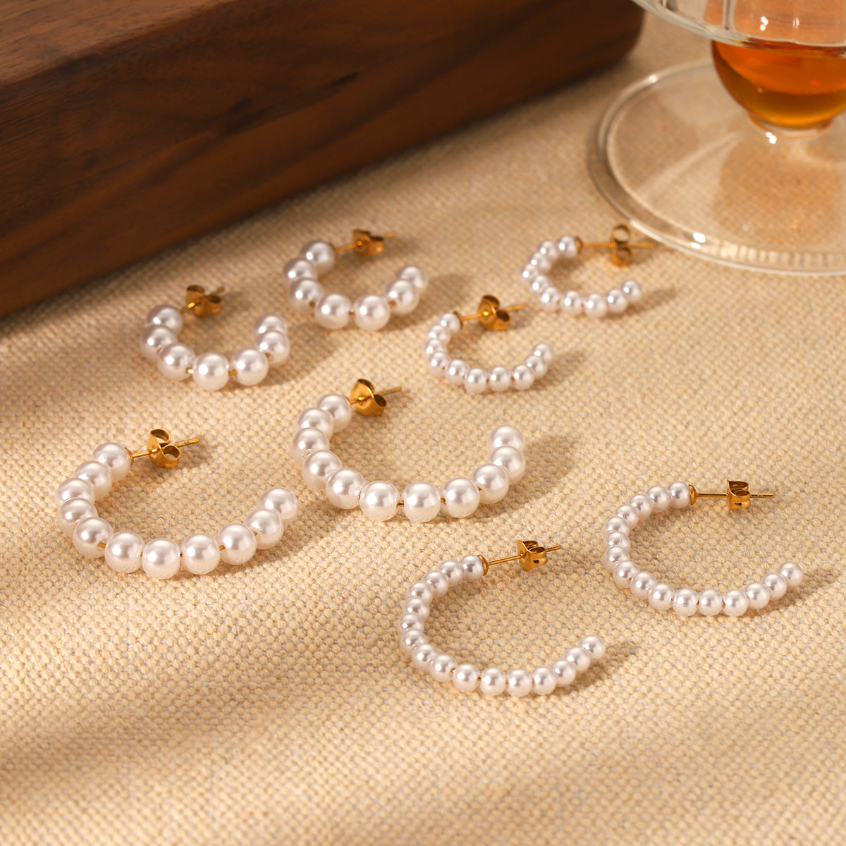 Stainless Steel C-shaped Pearl Earrings for Women, Vintage Style, Millet Pearl Earrings, High-end Earrings