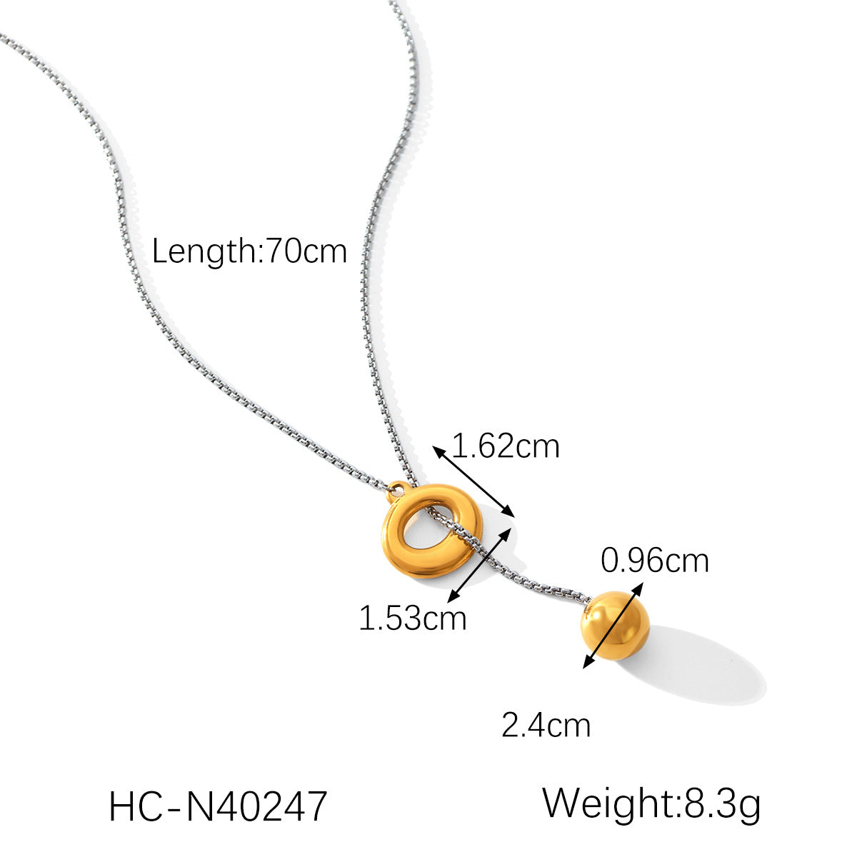 Gold and Silver Color-blocked Stainless Steel Ring Buckle Spherical Pendant Necklace for Women, Niche Design, Titanium Steel Sweater Chain Necklace Accessory