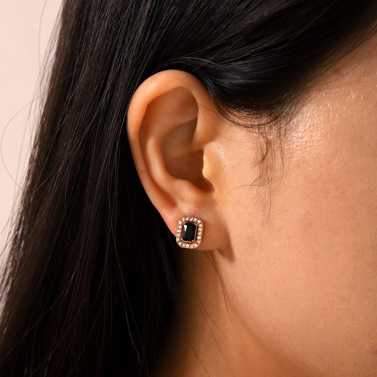 INS-style Fashionable Light Luxury Geometric Stainless Steel Stud Earrings with Zircon Inlay, 18k Gold Square Titanium Steel Earrings for Women