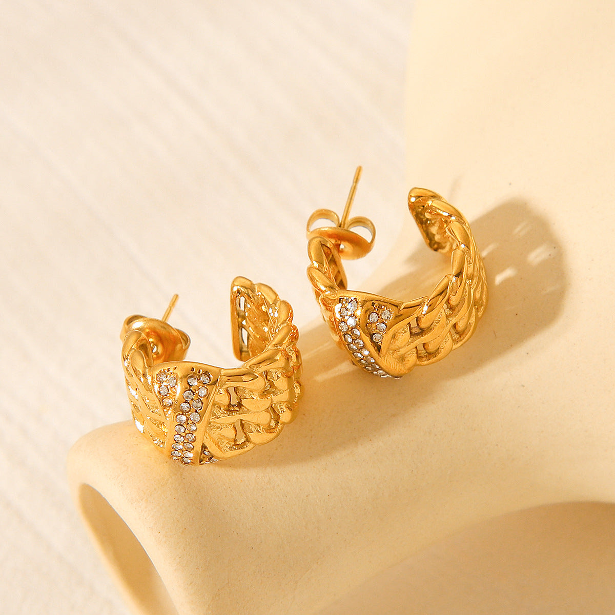 18k Gold Stainless Steel Earrings with Multi-layer Chain Splicing and Diamond Studded Design, C-shaped Titanium Steel Earrings