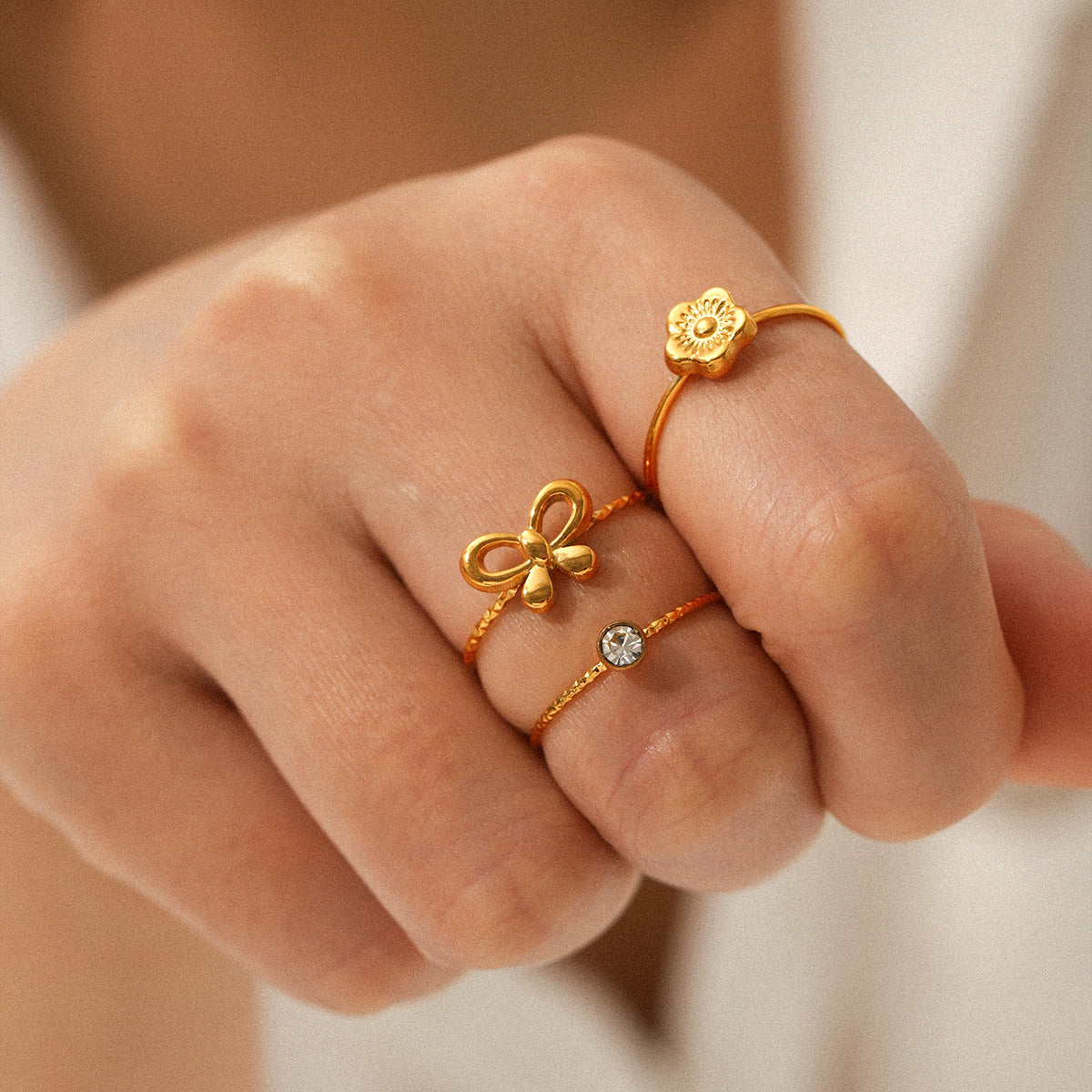 18K Gold-plated Stainless Steel Bowknot Flower-shaped Open Ring Set, Ins-style Zircon Ring for Women, Non-fading