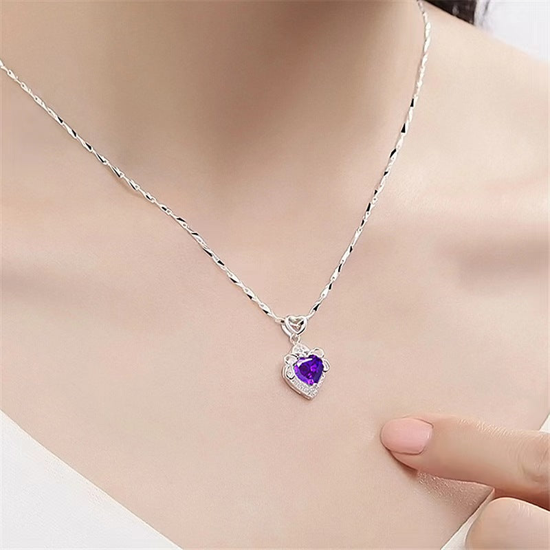 Heart of The Ocean Topaz Purple Blue Crystal Necklace Heart Shaped Clavicular Chain for Women