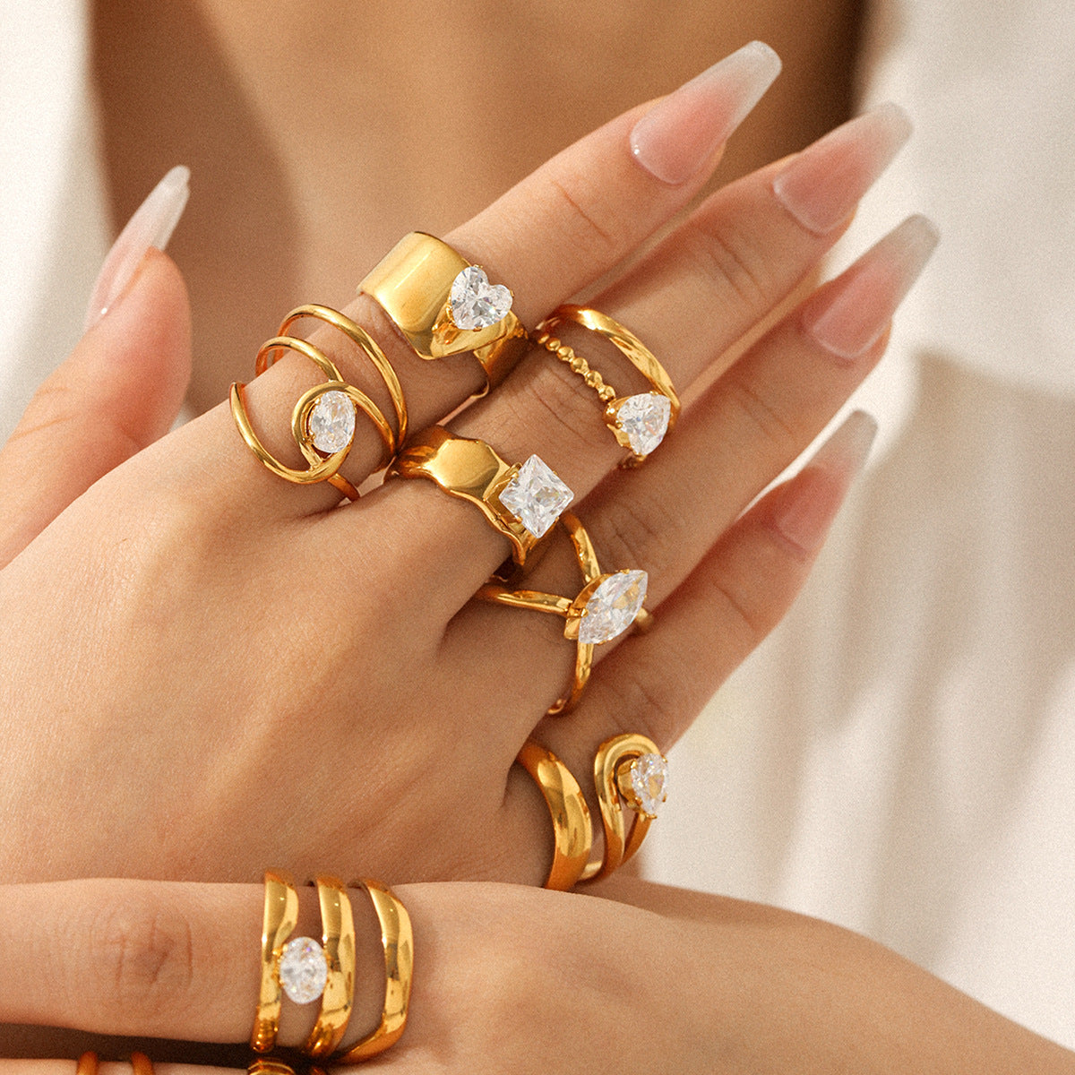 Geometric Stainless Steel Jewelry with Zircon Ring, Titanium Steel, Non-fading, Open-end Ring, High-end Feel Finger Ring