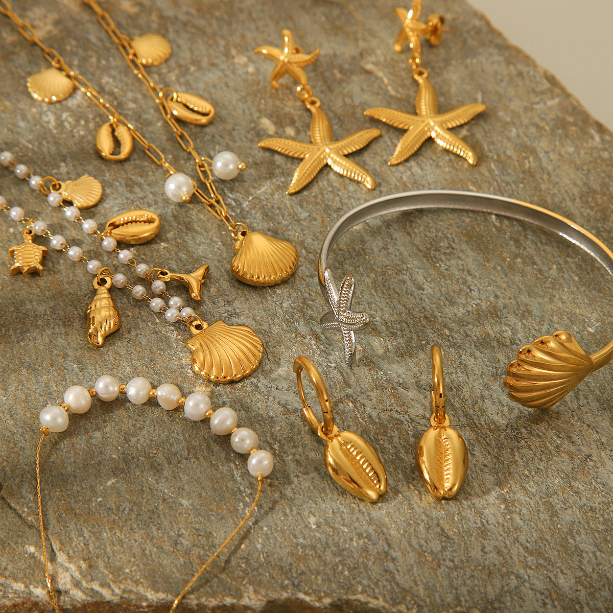 Ocean Series Stainless Steel Starfish Earrings Pearl Scallop Pendant Necklace Does Not Fade Bracelet