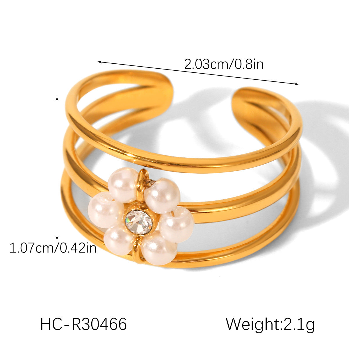 Design sense three-layer stainless steel open ring flower pearl finger ring female non-fading titanium steel jewelry