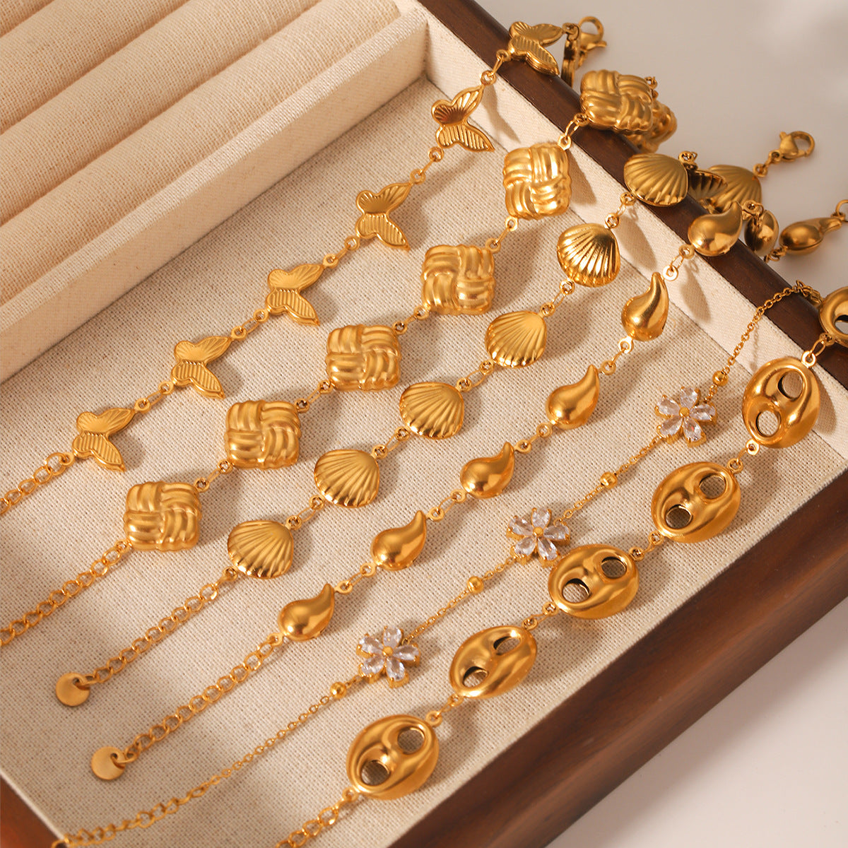 Stainless Steel Bracelet, Featuring Square, Butterfly, Shell, and Water Droplet Designs, Adorned with Zircon Flowers and A Pig-nose Buckle, Crafted From 18K Gold and Titanium Steel Jewelry
