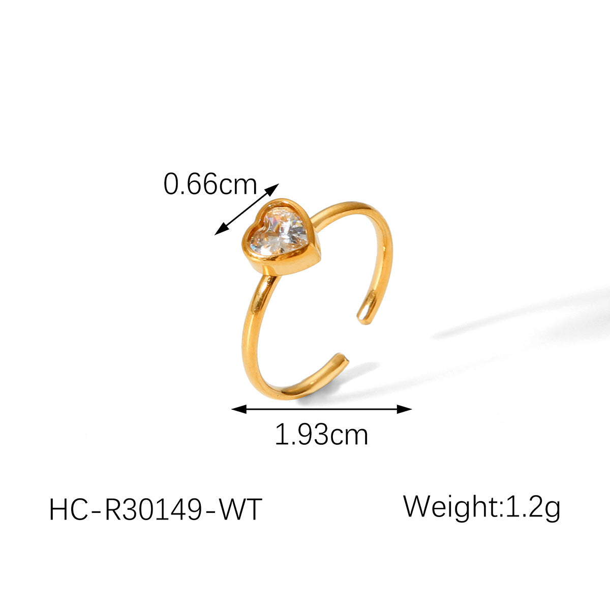 French-style Light Luxury Heart-shaped Diamond-encrusted Stainless Steel Ring for Women, 18k Gold, Non-fading, Open-end Titanium Steel Finger Ring Jewelry
