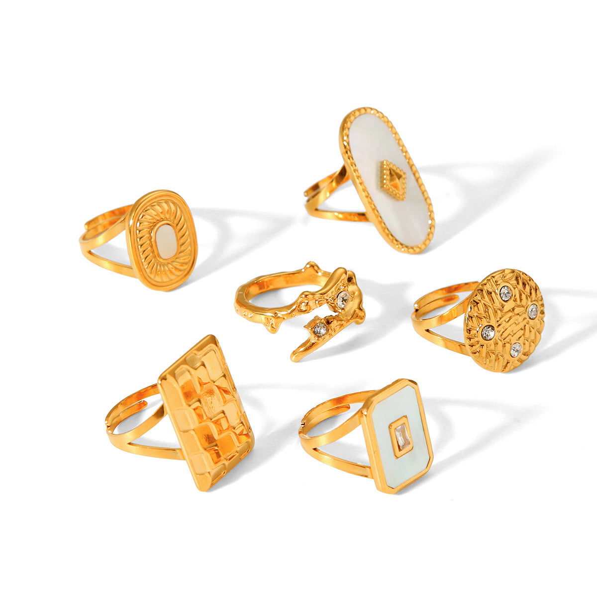 Diamond-encrusted Geometric Stainless Steel Ring for Women 18k Gold White Mother-of-pearl Titanium Steel Finger Ring for Women