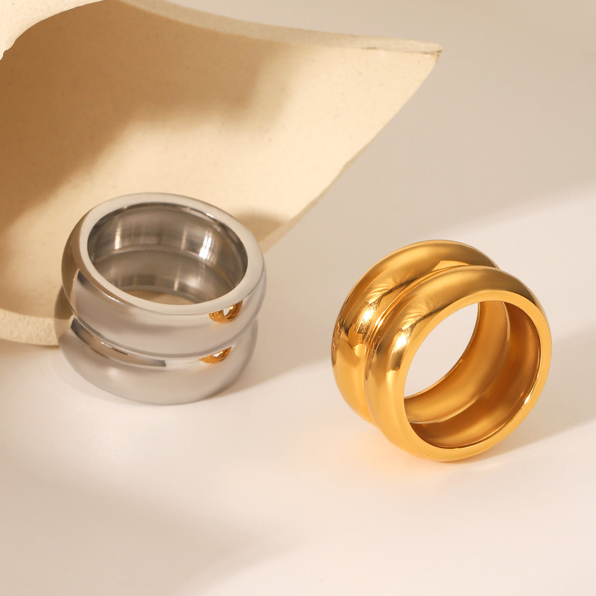 INS Style European and American 18K Gold-plated Double-layer Stainless Steel Ring, Niche and High-end, Non-fading, Finger Ring, Titanium Steel Jewelry