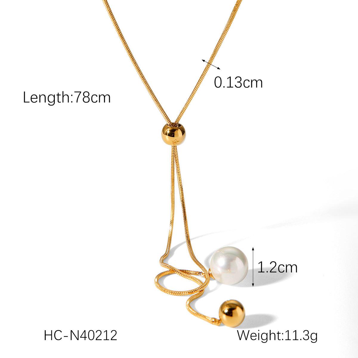 Stainless Steel Long Stretch Pearl Necklace, High-end Round Bead Snake Bone Design, Adjustable Sweater Chain for Women