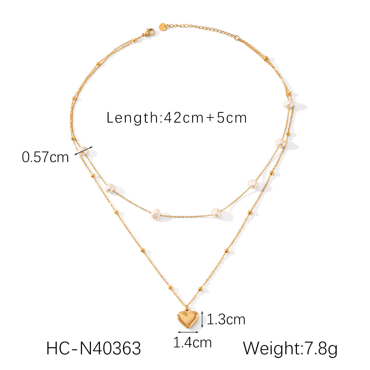 Stainless Steel Heart-shaped Pendant, Double-layered, Worn with Pearl Necklace, Women's High-end Clavicle Chain, Titanium Steel Necklace