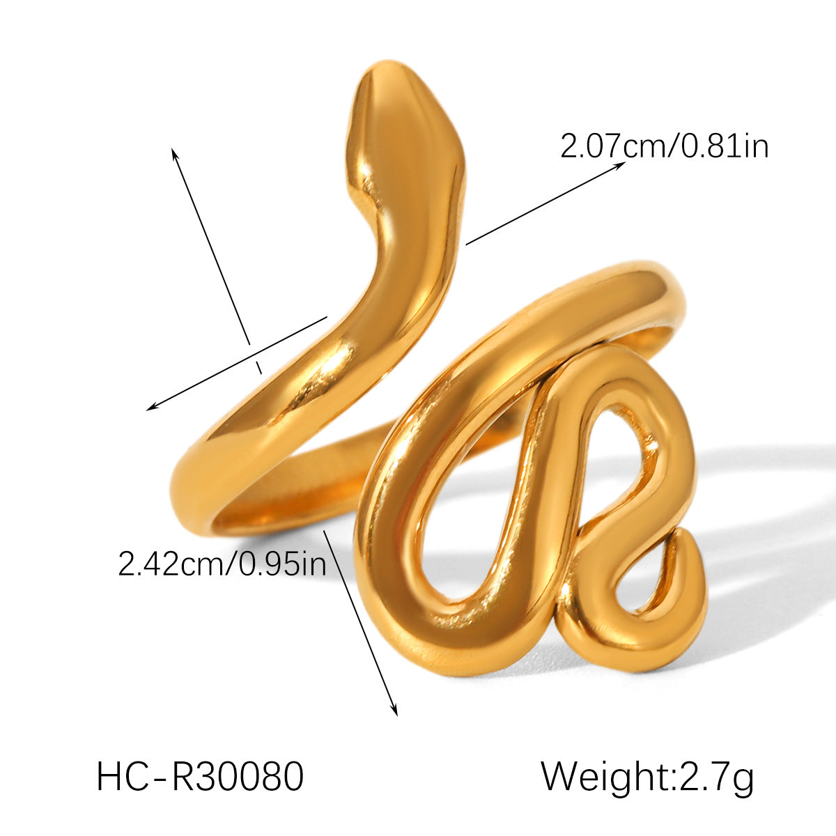 18K Gold Stainless Steel Snake Ring, Light Luxury Style, Titanium Steel, Flexible Snake-shaped Opening, Non-fading, Hand Jewelry