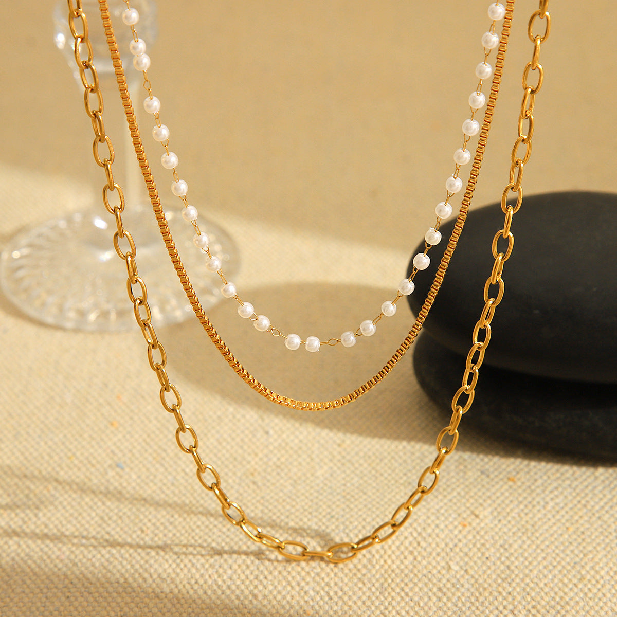 18K Gold Stainless Steel Three-layer Necklace Pearl Collar Chain Women's High-level Necklace