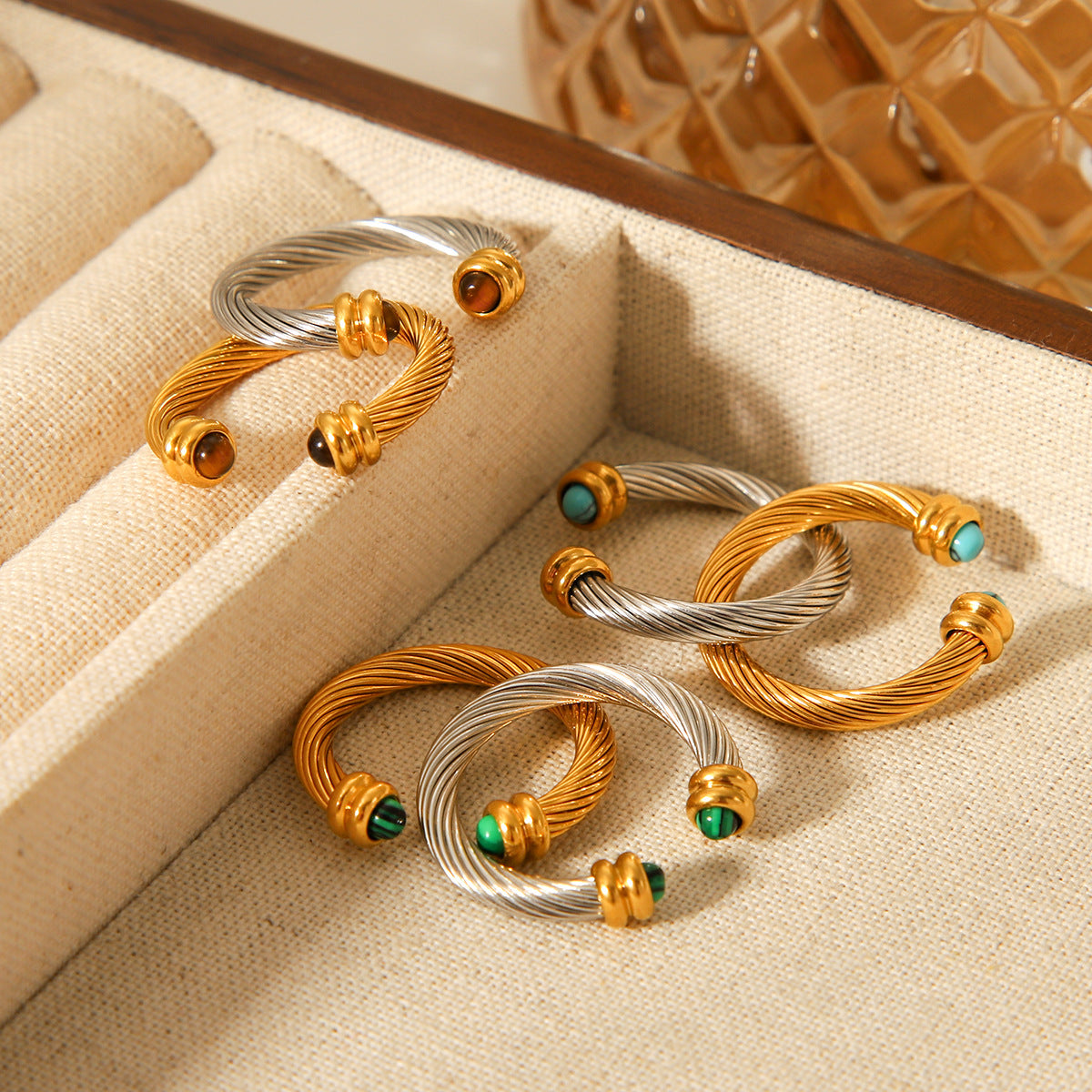 Color-blocked Stainless Steel Spiral Pattern Open Ring Inlaid with Malachite, Turquoise, Tiger's Eye, Titanium Steel Finger Ring for Women