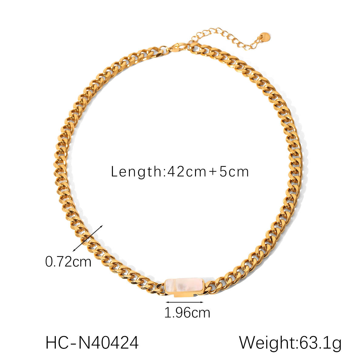 18K Gold Stainless Steel Cuban Chain Square White Shell Pendant Necklace Women's Titanium Steel Bracelet