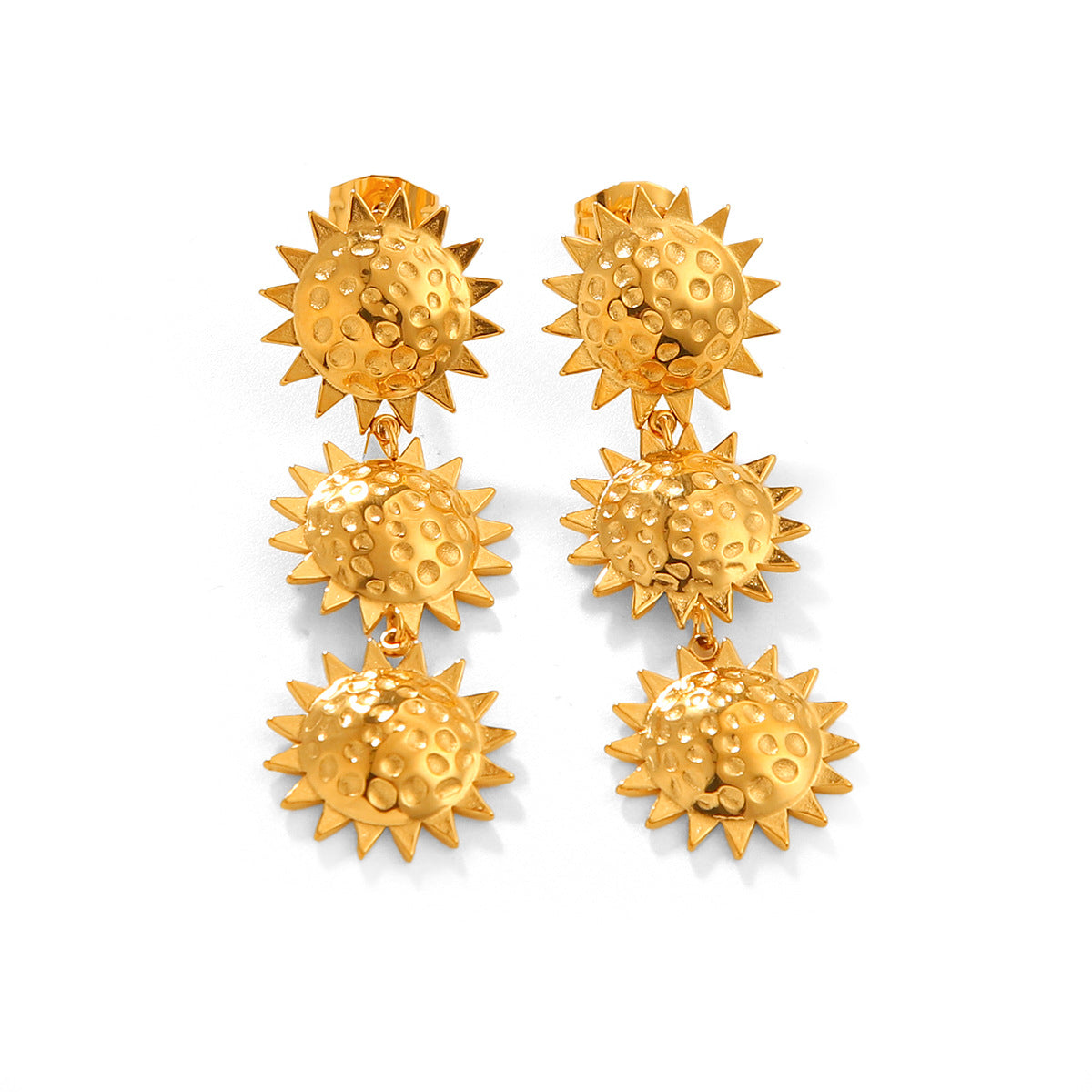 Personalized Trendy 18k Gold Stainless Steel Hammered Sunflower Pendant Earrings, High-end Ear Jewelry