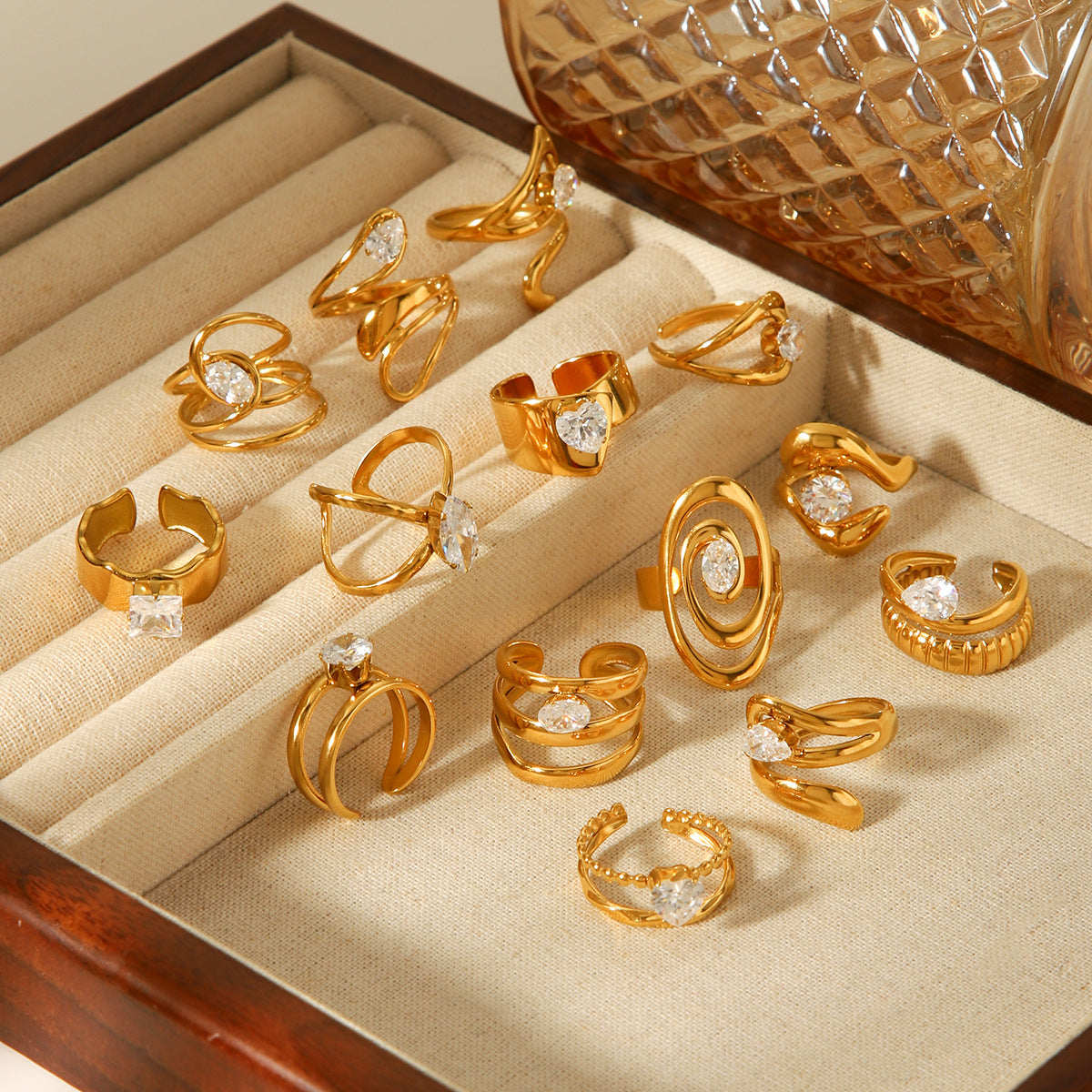 Geometric Stainless Steel Jewelry with Zircon Ring, Titanium Steel, Non-fading, Open-end Ring, High-end Feel Finger Ring