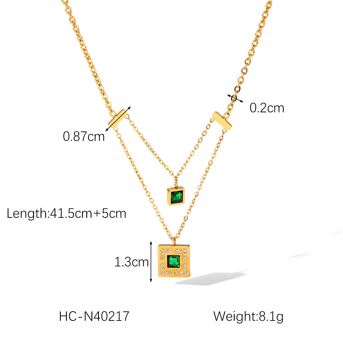 Non-fading Titanium Steel Necklace for Women, Inlaid with Emerald Zircon Cubes, Double-Layer Chain Necklace Accessory
