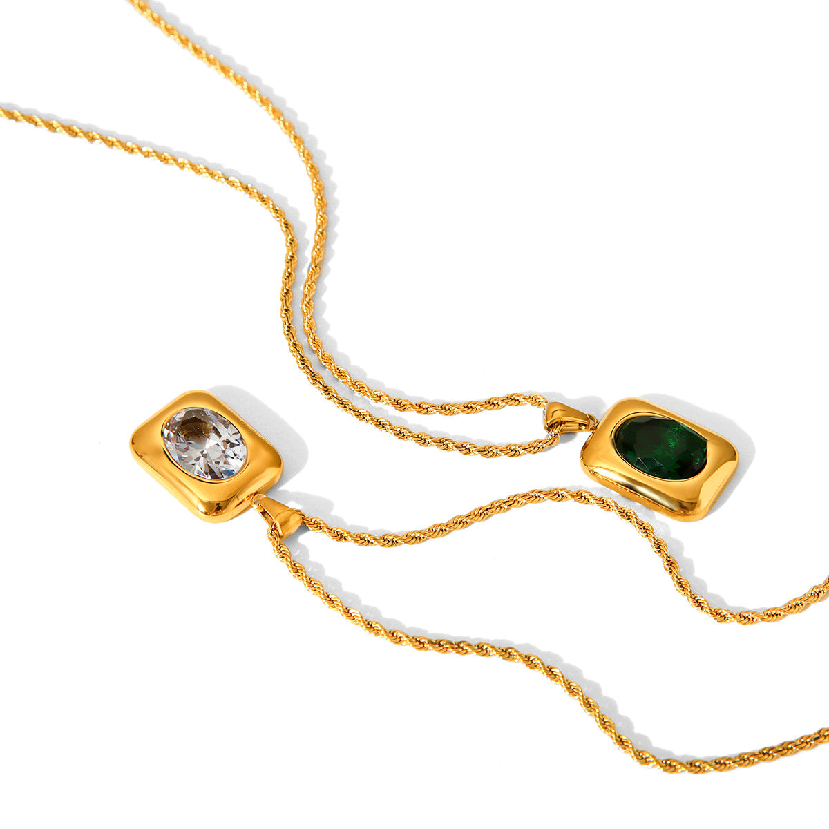 Stainless Steel Necklace with Square Pendant, Inlaid with Semi-precious Stones, Titanium Steel Necklace for Women