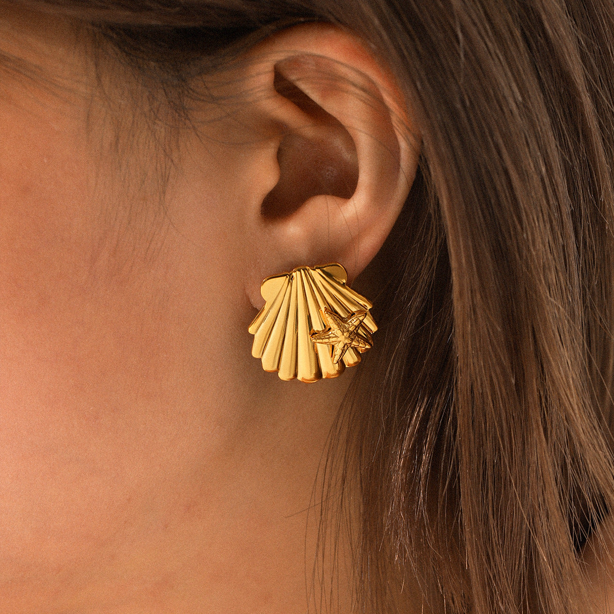 INS Style Summer Beach Jewelry, 18k Gold Stainless Steel Shell Earrings, Starfish Earrings, Titanium Steel Jewelry
