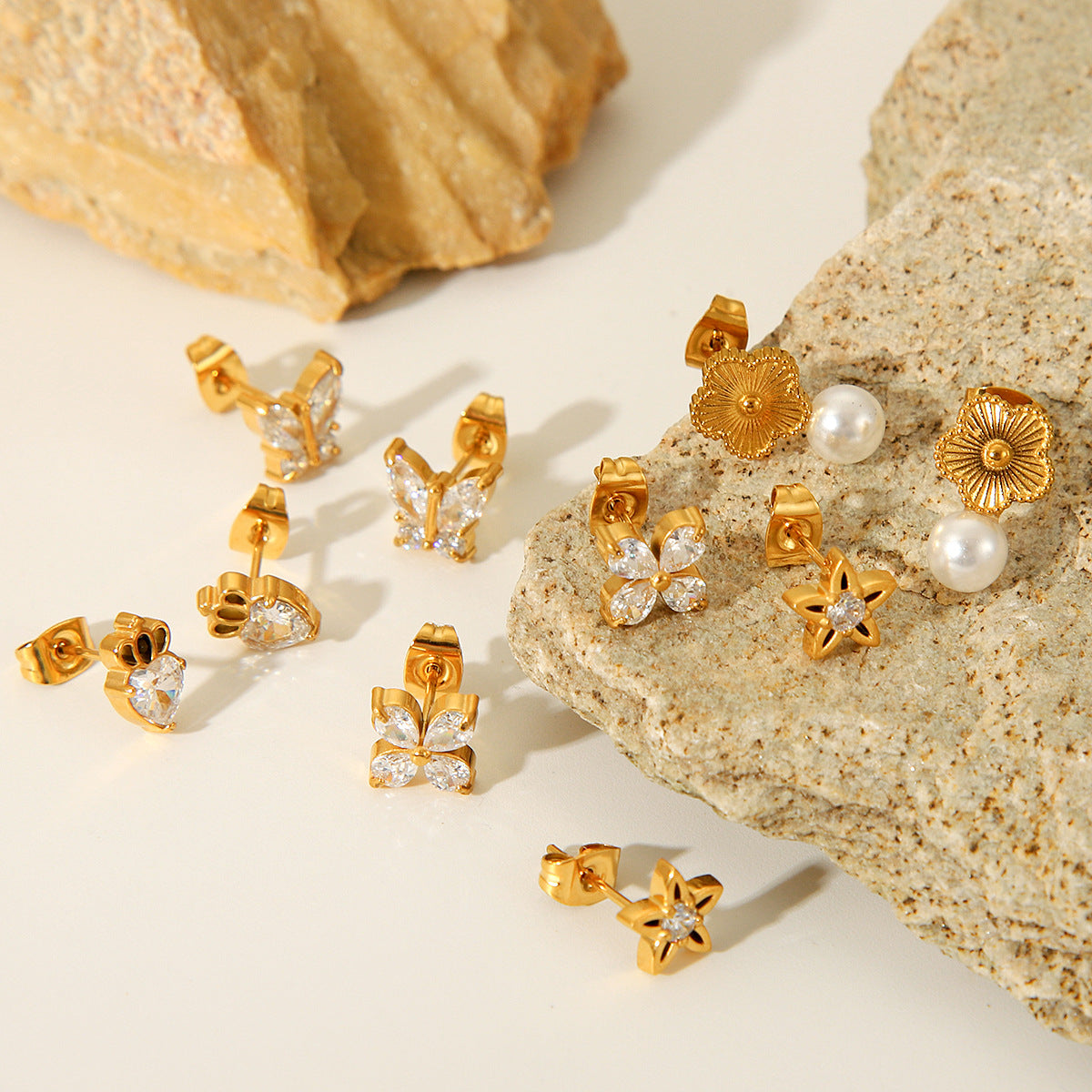 Fashionable and Personalized Butterfly Zircon Star Earrings, Ins-inspired Light Luxury Stainless Steel Five-petaled Flower Pearl Earrings