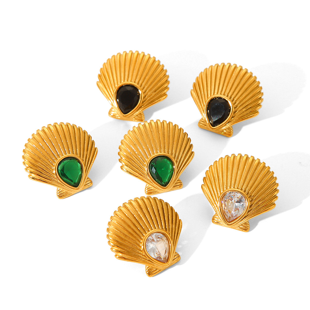 18K Gold Stainless Steel Scallop Earrings with Zircon, Women's Light Luxury, Easy-matching Earrings, Marine Titanium Steel Earrings