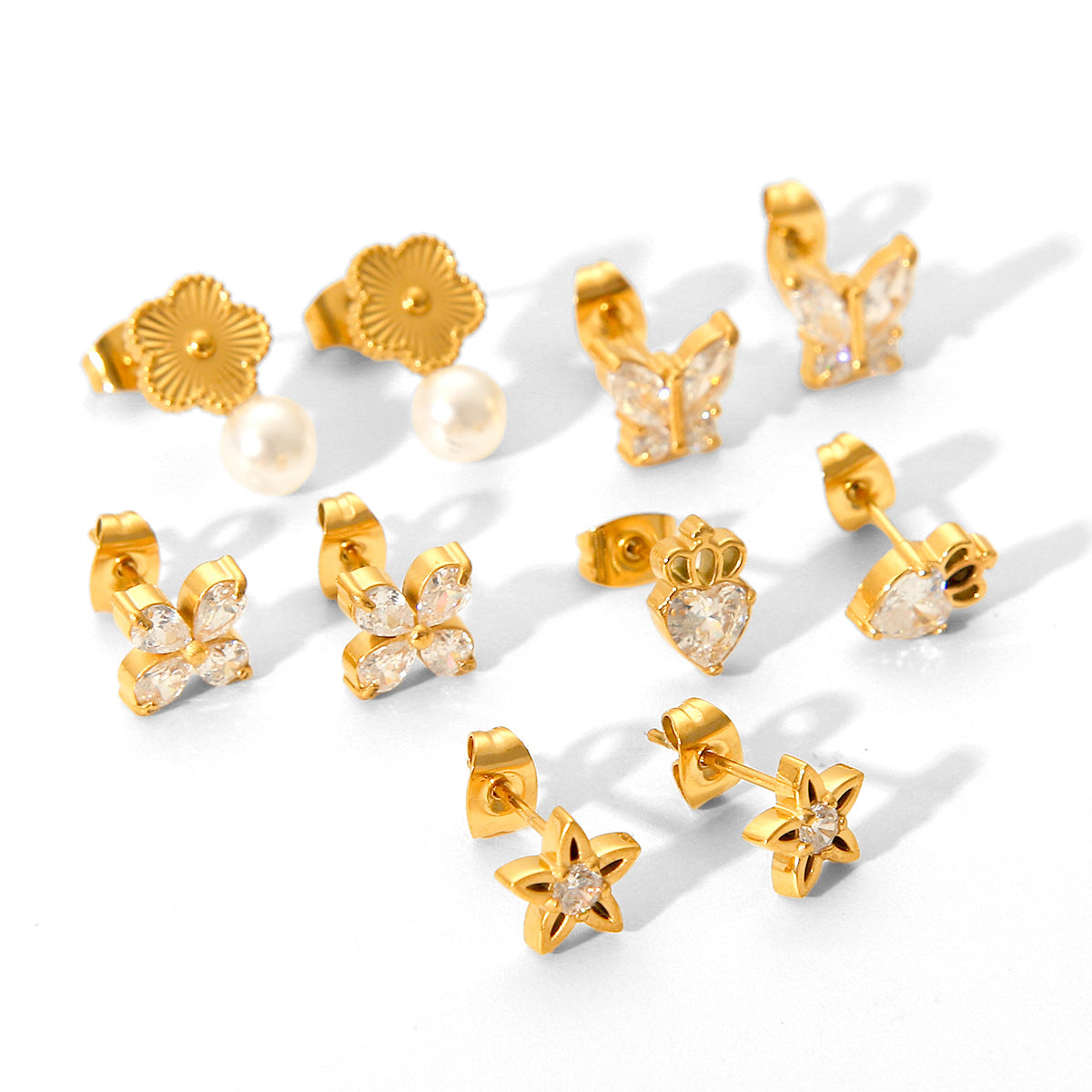 Fashionable and Personalized Butterfly Zircon Star Earrings, Ins-inspired Light Luxury Stainless Steel Five-petaled Flower Pearl Earrings