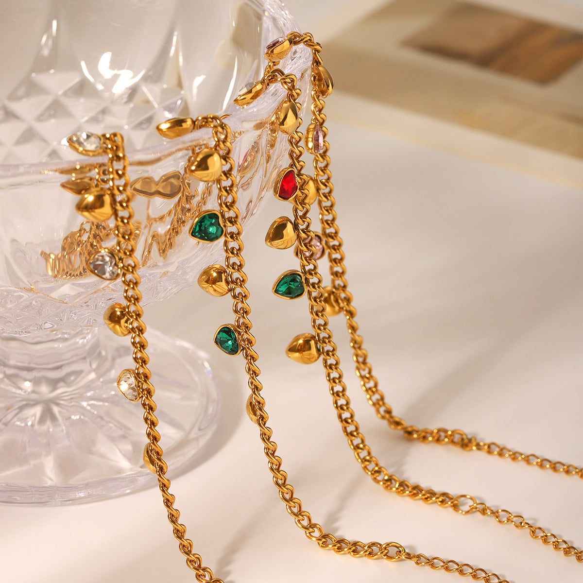 Classic Stainless Steel Cuban Chain Fringed Heart-shaped Zircon Inlaid Women's Fashionable High-end Jewelry