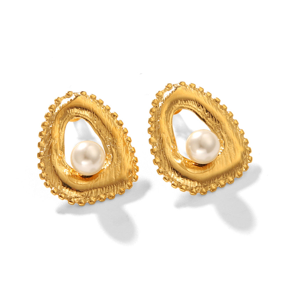 French Vintage Style Pearl Earrings, 18K Gold-plated Stainless Steel Earrings for Women, Fashionable and Elegant, High-end Titanium Steel Earrings