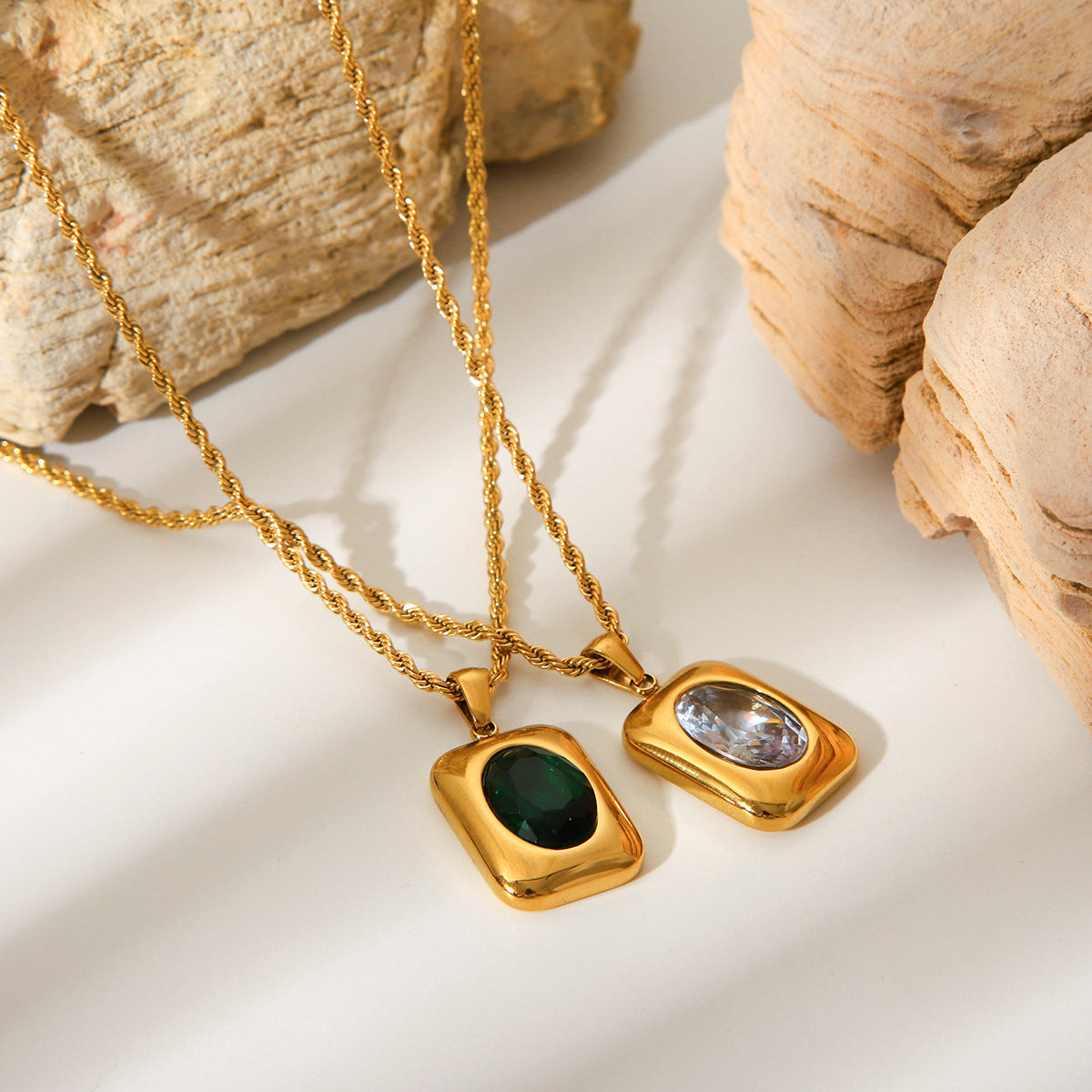 Stainless Steel Necklace with Square Pendant, Inlaid with Semi-precious Stones, Titanium Steel Necklace for Women