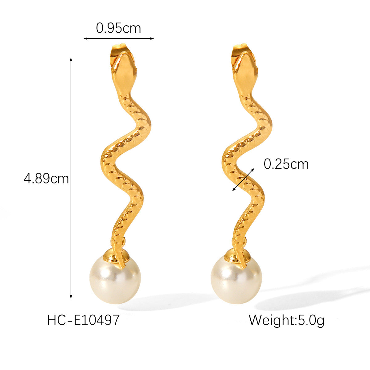 Stainless Steel Gold-plated Heart-shaped Pearl Earrings INS Style French High-end Feeling Gold Snake Titanium Steel Earrings for Women