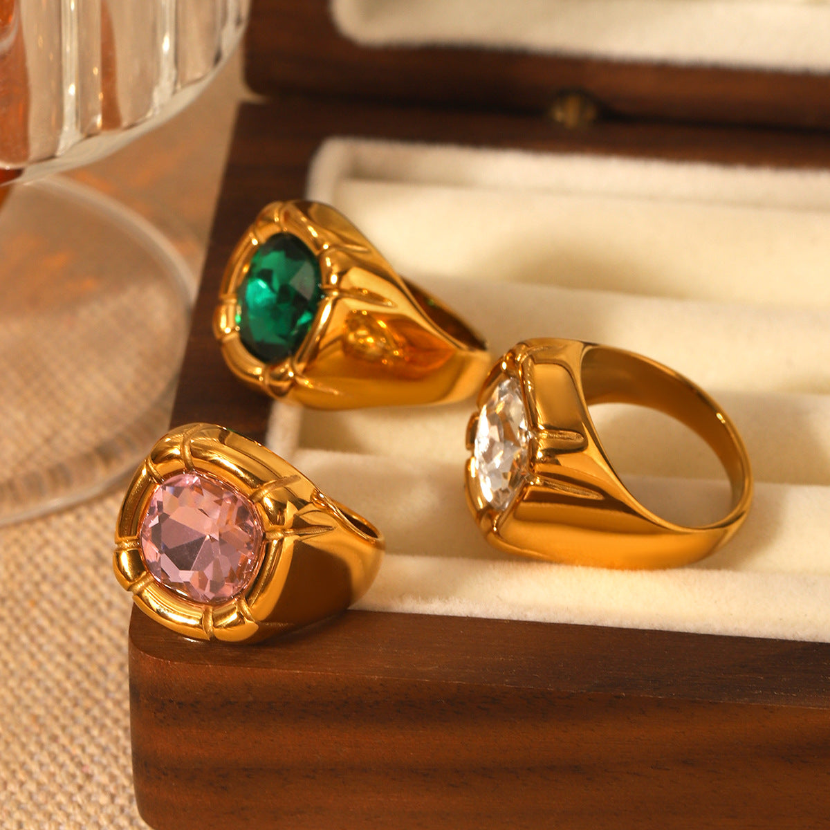 18K Gold Stainless Steel Inlaid Zircon Ring Female Non-fading Ring Ins Wind Titanium Steel Jewelry Casting Ring