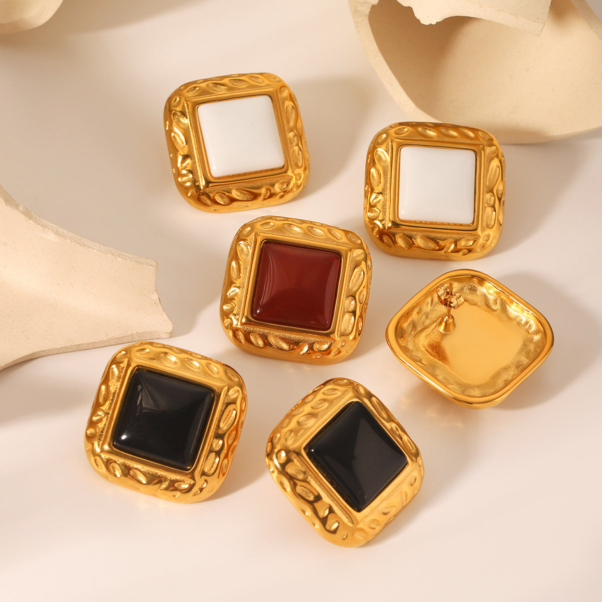 French vintage square stainless steel hammered earrings agate earrings women's non-fading light luxury high-end earrings