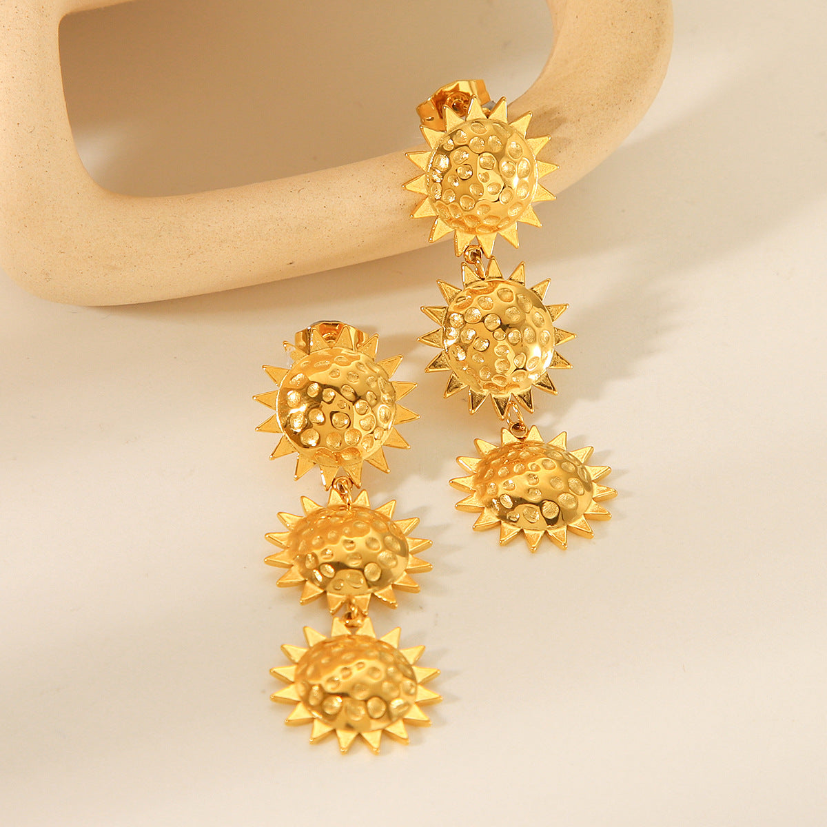 Personalized Trendy 18k Gold Stainless Steel Hammered Sunflower Pendant Earrings, High-end Ear Jewelry