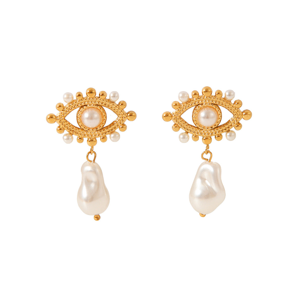 French Vintage Style Devil's Eye Pearl Earrings, 18k Gold Stainless Steel Earrings for Women, Light Luxury Temperament Titanium Steel Earrings