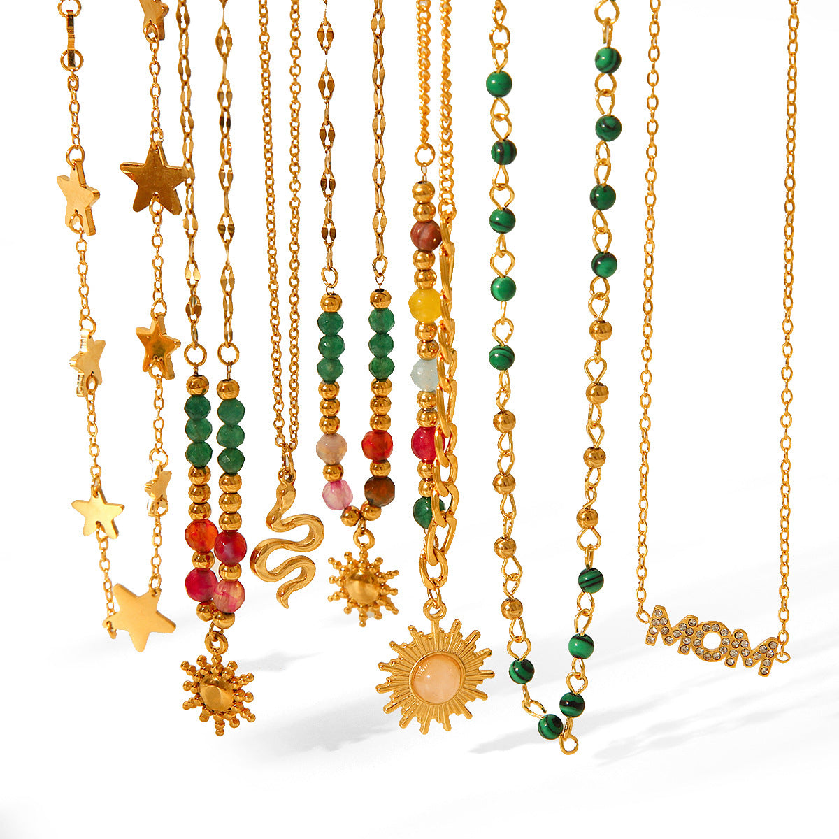 New Natural Stone Bead Titanium Steel Necklace, 18K Gold-plated Stainless Steel Sun Star Pendant Necklace for Women