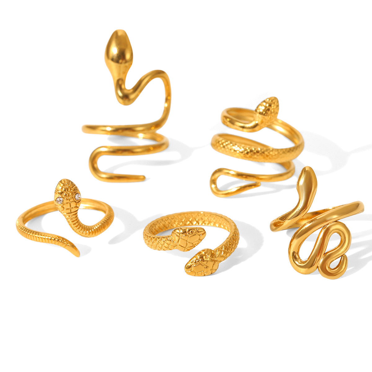 18K Gold Stainless Steel Snake Ring, Light Luxury Style, Titanium Steel, Flexible Snake-shaped Opening, Non-fading, Hand Jewelry
