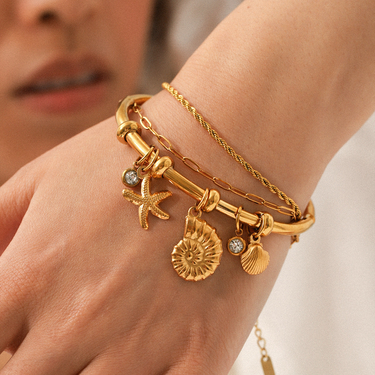 18K Gold-plated Stainless Steel Plain Bracelet, Starfish, Conch, Scallop DIY Accessories, Titanium Steel Bracelet for Women