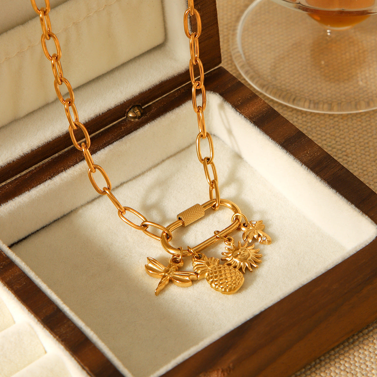 Stainless Steel Necklace with Coconut Tree and Sun DIY Jewelry Accessory, Detachable Climbing Buckle, Pendant, Cross Chain