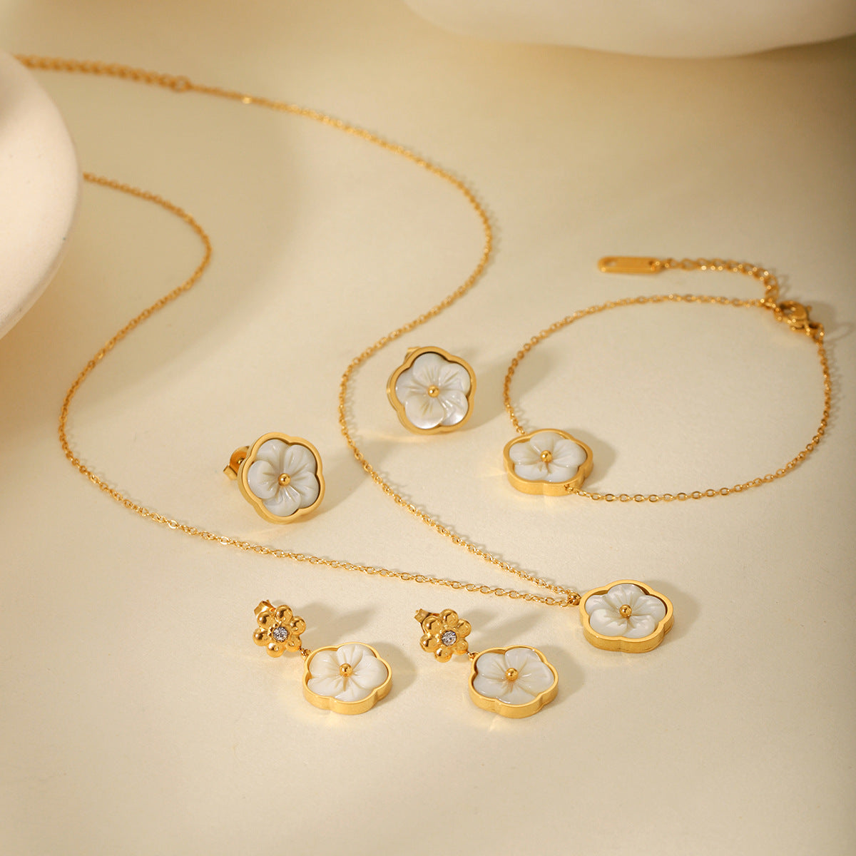 High-end stainless steel earrings with zircon flowers and mother-of-pearl petals pendant for women's necklace and bracelet jewelry